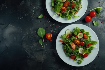 Two plates of fresh diet salad on dark background, delicious healthy food top view