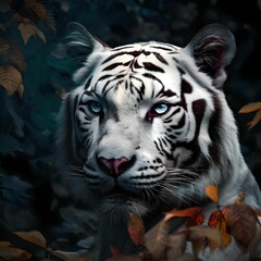 Obraz premium AI generated illustration of a white tiger in a dark forest