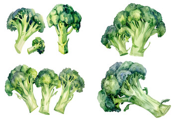 Watercolor broccoli set isolated on transparent