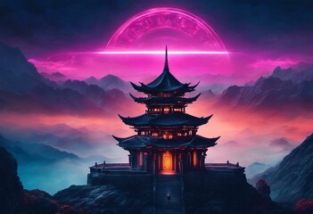 AI generated illustration of an ethereal nighttime scene of a temple in a mountain landscape
