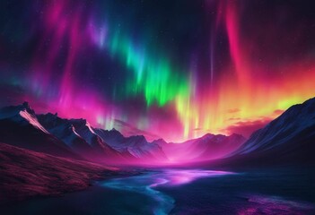 Obraz premium AI generated illustration of a majestic night sky featuring a brilliant aurora, with mountains