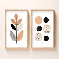 a two framed pictures of a leaf and circles