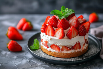 delicious handmade strawberry cake with mint on a dark plate