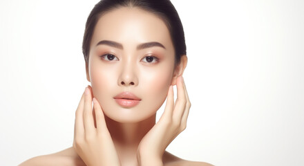 Fototapeta na wymiar Healthy skin asian woman natural make up beauty face closeup.