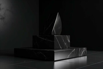 Minimalist 3D marble pedestal on black background with clean design and blank space. Generative AI