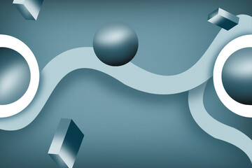 Blu-ish grey bubbles with white strips around and rectangles on a grey gradient background landscape