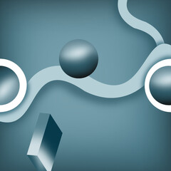 Blu-ish grey bubbles with white strips around and rectangles on a grey gradient background