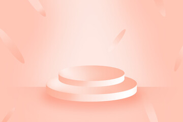 peach product podium on a peach colored background with circular pieces falling