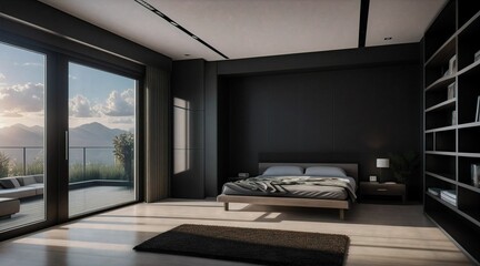 large, bright room with windows and a view of the mountains