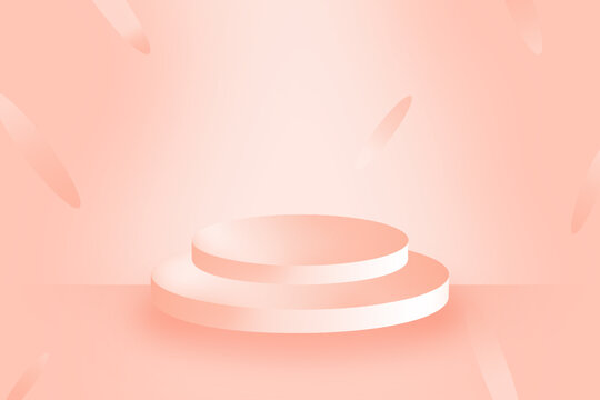 peach product podium on a peach colored background with circular pieces falling