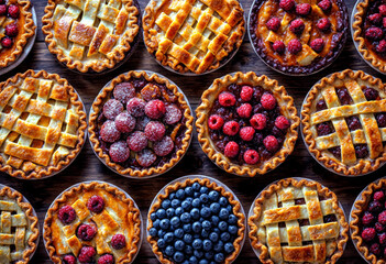 AI generated illustration of delicious pies with various berry toppings