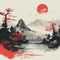 AI generated illustration of An idyllic Asian landscape with a majestic mountain range and a sunset