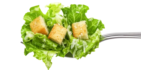 Fotobehang forkful of Caesar salad with crisp romaine lettuce, croutons and parmesan shavings. © Only PNG