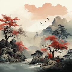Ai-generated illustration of a Japanese nature with vibrant colors and cherry trees
