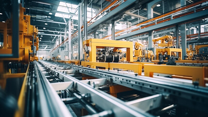 Naklejka premium Metallic assembly line surface with a blurred, dynamic factory background. Perfect for product presentation.