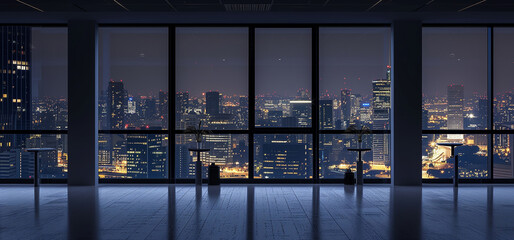 empty night time office space with lit city panorama visible in the background (9)