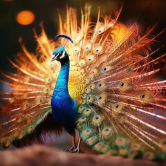 Obraz premium AI generated illustration of A vibrant Peafowl soaring with a blurry background
