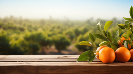 Rustic wooden table top with blurred background of the orange fruit plantation farm in summer sun, elective focus and blur background