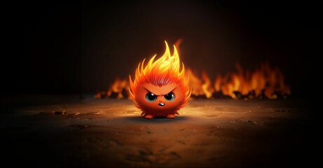 AI generated illustration of a bright orange fireball character with an angry face