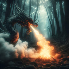 Dragon in a jungle with fire 