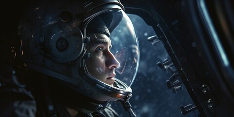 AI generated illustration of A male astronaut  looking out of the window of a spacecraft