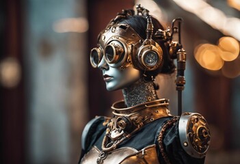 AI generated illustration of a female steampunk robotic figure with googles - obrazy, fototapety, plakaty