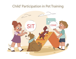 Engaged Learning concept. Siblings practice commands during pet training, highlighting their active role in the dog's education.