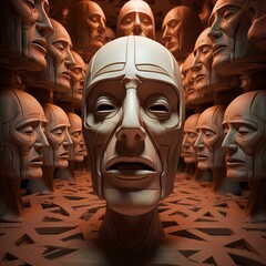 AI generated illustration of A modern sculpture with multiple faces in  the background