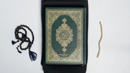Muslim prayer equipment with Copy Space on white background