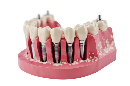 dental model featuring multiple implants, demonstrating various tooth replacement options.
