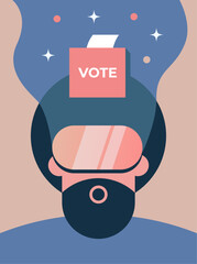 Elections in Virtual Reality. Man wearing metaverse glasses makes his choice. Flat vector illustration.