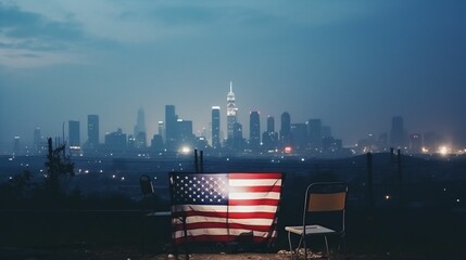 View of two chairs with an American flag in the foreground, overlooking a cityscape, AI-generated