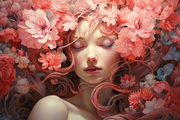 AI generated illustration of a portrait of a girl sleeping in pink flowers