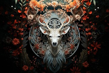 AI generated illustration of a portrait of a deer with antlers adorned with autumn foliage