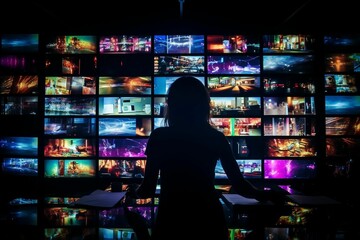 AI generated illustration of a person in silhouette in front of a large wall of screens
