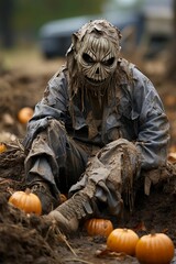 AI generated illustration of a zombie creature slumped in the dirt next to a pile of pumpkins