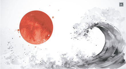 Ink wash painting of the wave and big red sun. Traditional oriental ink painting sumi-e, u-sin, go-hua. Translation of hieroglyph - eternity. © elinacious