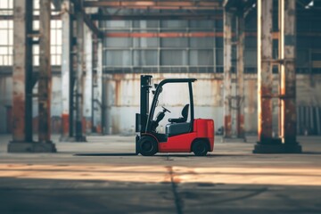 Red electric forklift outdoor, industrial warehouse on background.