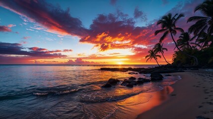 AI generated illustration of a secluded beach at sunset where golden sands meet turquoise waves