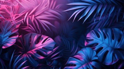 Fototapeta na wymiar Creative fluorescent color layout made of tropical leaves. Flat lay neon colors. Nature concept