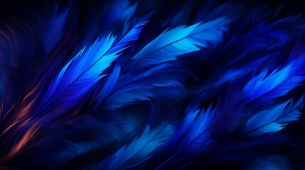 AI-generated illustration of a collection of blue feathers with a blurred-out black background