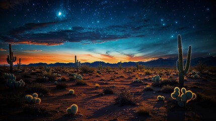 AI illustration of a desert landscape with cacti and succulents under a starlit night sky. - obrazy, fototapety, plakaty
