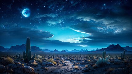 AI illustration of a desert landscape with cacti and succulents under a starlit night sky.