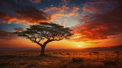 AI generated illustration of a peaceful sunset ending the day in the African savannah