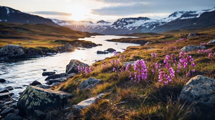 Naklejka premium AI generated illustration of alpine meadows, vibrant wildflowers swaying to the mountain breeze