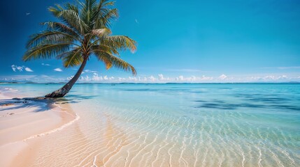 AI generated illustration of a secluded beach, soft white sand, turquoise blue waters, palm trees
