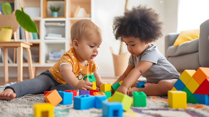 Two kids playing with colorful blocks on the floor in children's room
