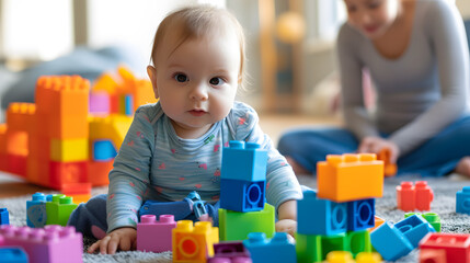 Two kids playing with colorful blocks on the floor in children's room