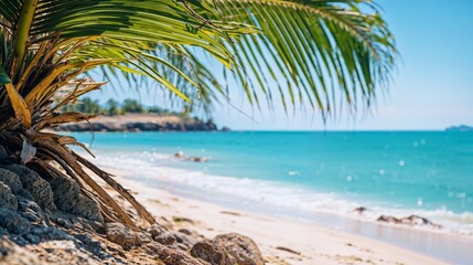 AI generated illustration of a secluded beach, soft white sand, turquoise blue waters and palm trees