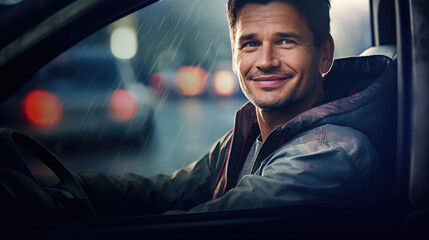 Obraz premium Portrait of Driving instructor in car on a blurred background